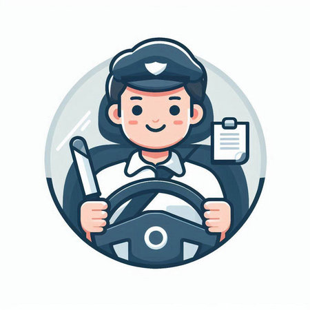 Illustration of a police officer holding a clipboard and a steering wheelのイラスト素材