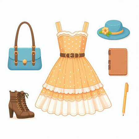 Vector illustration of set of clothes and accessories for little girl on white backgroundのイラスト素材