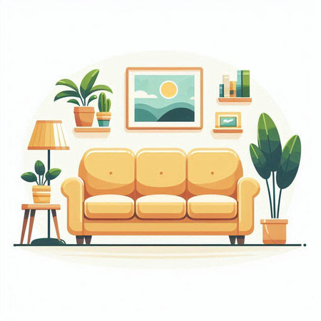 Living room interior with sofa, lamp and plants. Vector illustration.のイラスト素材