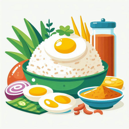 Bowl of rice with fried egg and vegetables. Vector illustration.のイラスト素材