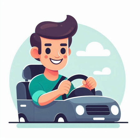 Young man driving a cabriolet. Flat style vector illustration.のイラスト素材
