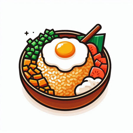 Bowl of rice with fried egg and vegetables. Vector illustration.のイラスト素材