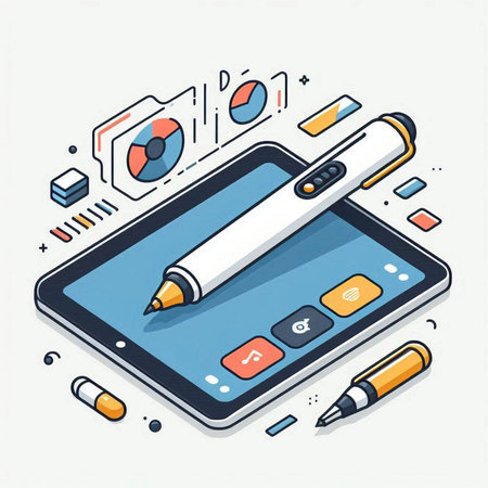 Tablet computer with pen and pencil on white background. Vector illustration.のイラスト素材