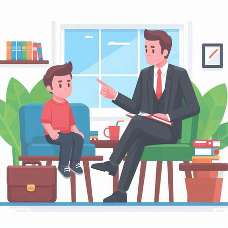 Father and son are sitting on the couch in the office. Vector illustrationのイラスト素材