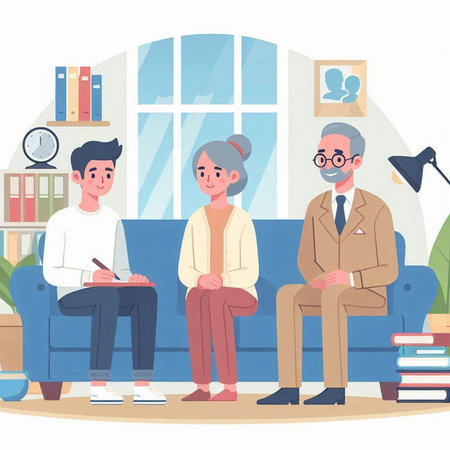 Elderly people sitting on sofa in living room. Grandfather, grandmother, grandfather and grandson. Cartoon vector illustrationのイラスト素材