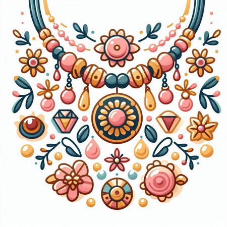 Necklace with flowers and beads. Hand drawn vector illustration.のイラスト素材