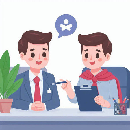 Businessman and businesswoman talking in office. Vector illustration in cartoon style.のイラスト素材