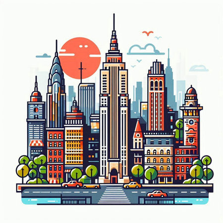 New York City skyscrapers. Vector illustration in flat style.のイラスト素材
