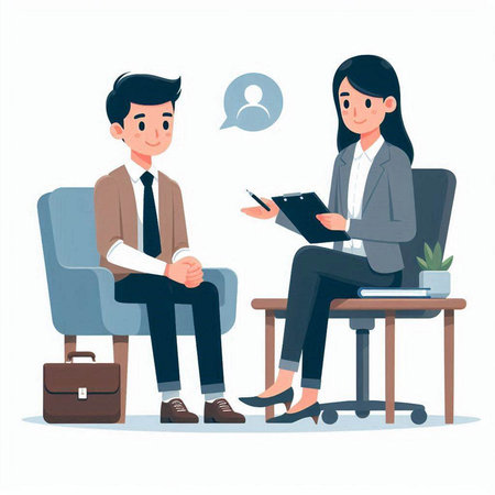 Man and woman sitting on chairs, talking to each other. Vector illustration.のイラスト素材