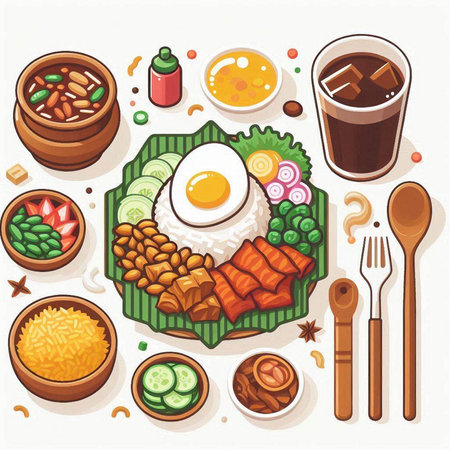 Korean food vector set. Fried rice, fried egg, bean sprouts, kimchi, sesame seeds, soy sauce, pickled cucumber, fried pork ribs, fried egg, soy sauce, fried beans, fried eggsのイラスト素材
