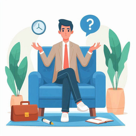 Businessman sitting on sofa and meditating. Flat vector illustration.のイラスト素材