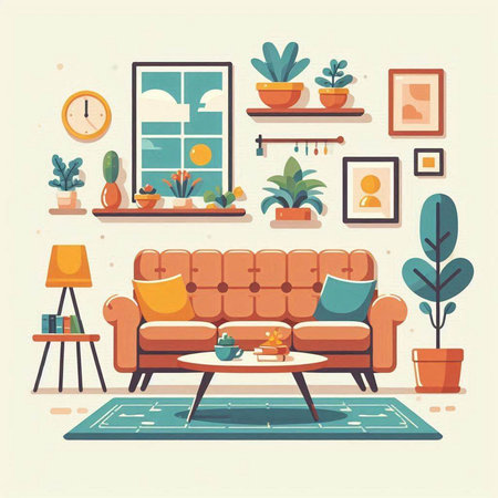 Living room interior with sofa and plants. Flat style vector illustration.のイラスト素材
