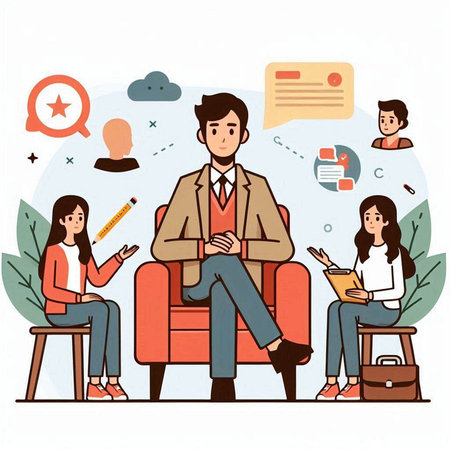 Businessman and businesswoman sitting on sofa and talking. Vector illustrationのイラスト素材