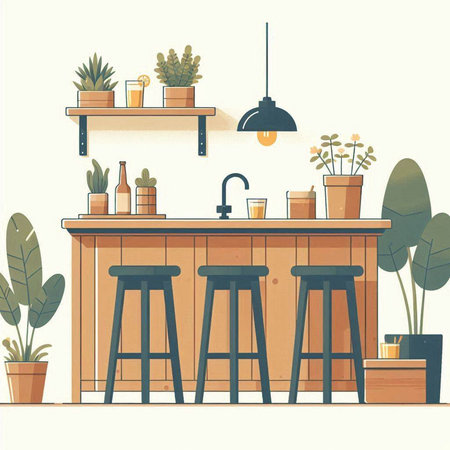 Vector illustration of a bar counter with bar stools, potted plants.のイラスト素材