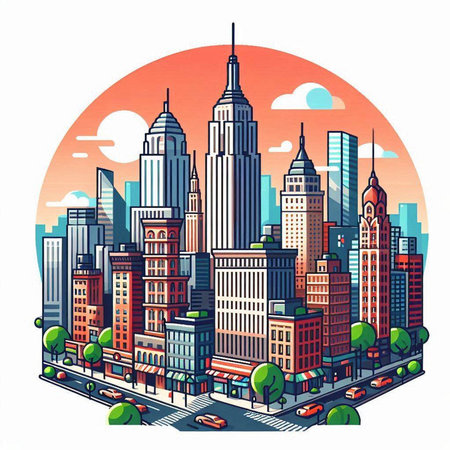 Cityscape with skyscrapers. Vector illustration in retro style.のイラスト素材
