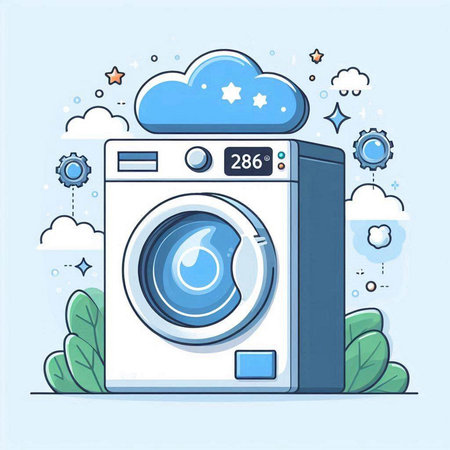 Washing machine with cloud and sun. Vector illustration in flat styleのイラスト素材
