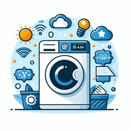 Washing machine with icons. Vector illustration in flat design style.のイラスト素材