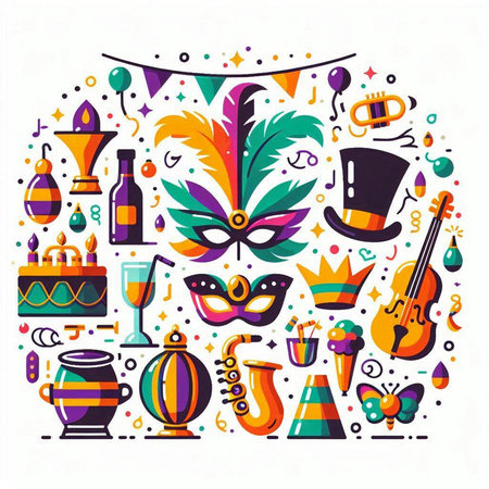 Mardi Gras carnival party flat vector illustration. Colorful carnival icons set.のイラスト素材