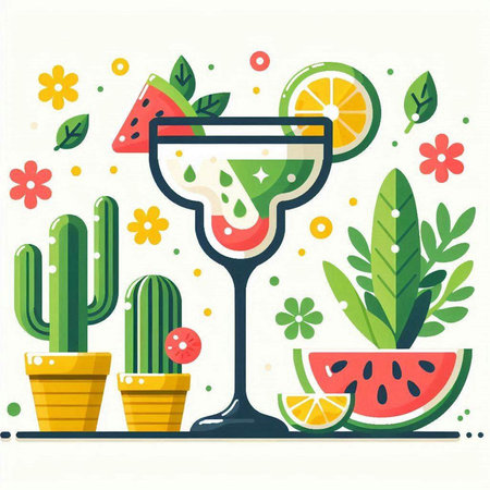 Cocktail with lime, watermelon and succulents. Vector illustration.のイラスト素材