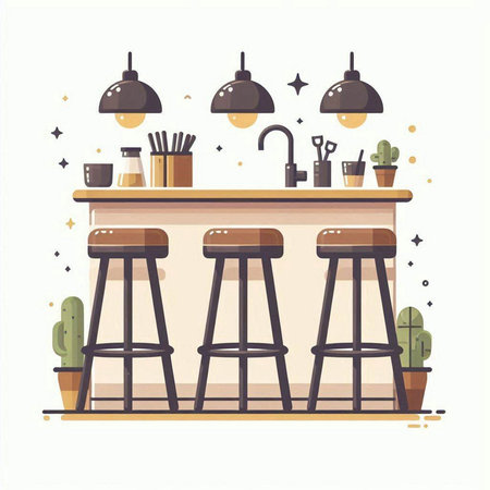 Bar counter with bar stools and cactuses. Vector illustrationのイラスト素材