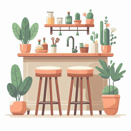 Bar counter with bar chairs and plants in pots. Flat vector illustration.のイラスト素材