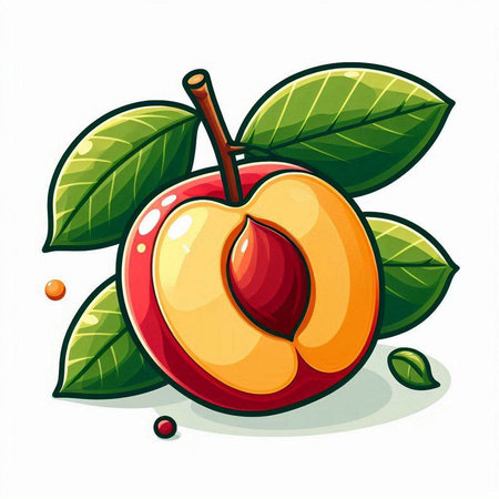 Peach fruit with leaves and slice isolated on white background. Vector illustration.のイラスト素材