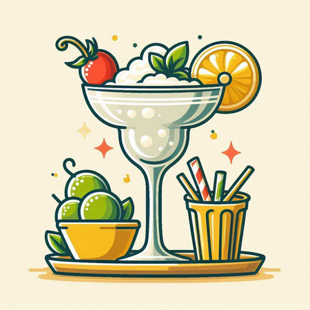 Cocktail with ice cream and fruits. Vector illustration in cartoon style.のイラスト素材