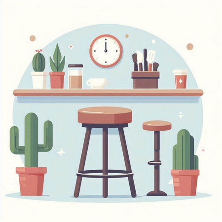Interior of a cafe with a bar stool and a table. Vector illustration.のイラスト素材