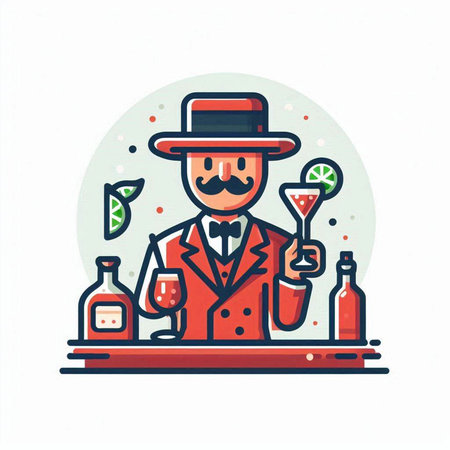 Cocktail barman flat color vector icon. Barman in hat and bowler costume.のイラスト素材