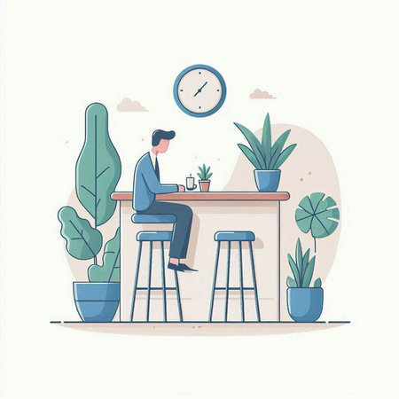 Man sitting at the table and drinking coffee. Flat vector illustration.のイラスト素材