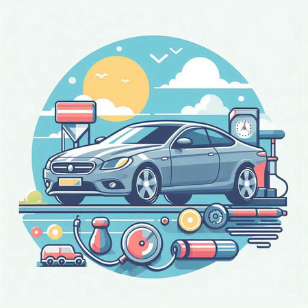 Vector illustration of a car at the gas station on the road.のイラスト素材