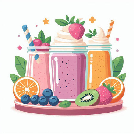 Fruit smoothies in mason jars. Vector illustration in cartoon style.のイラスト素材