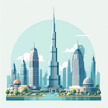 Dubai skyline, United Arab Emirates. Vector illustration in flat styleのイラスト素材