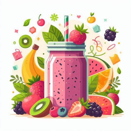 Fruit smoothie in a jar with a straw. Vector illustration.のイラスト素材