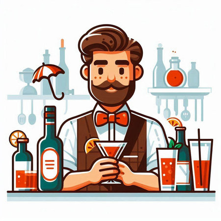 Barman with a glass of cocktail. Vector illustration in cartoon styleのイラスト素材