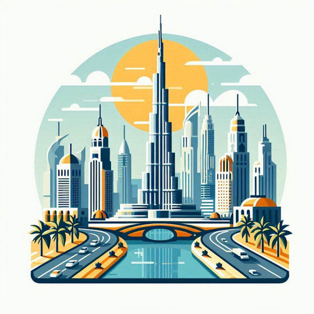 Dubai city skyline, United Arab Emirates, vector illustration in flat styleのイラスト素材