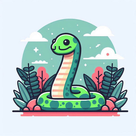 Cute snake in the garden. Vector illustration in cartoon style.のイラスト素材