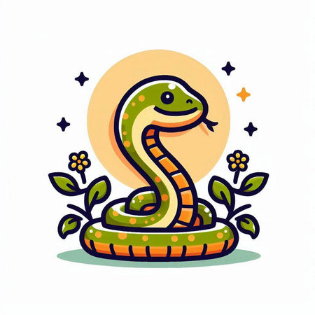 Cute snake with flowers and leaves. Vector illustration in cartoon style.のイラスト素材