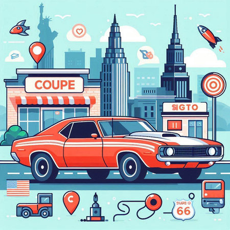 Retro car on the background of the city. Vector illustration.のイラスト素材