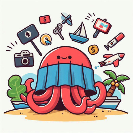Illustration of a cartoon octopus on the beach. Vector illustrationのイラスト素材