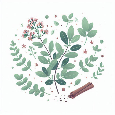 Hand drawn vector illustration of eucalyptus branches, leaves and cinnamon sticks.のイラスト素材