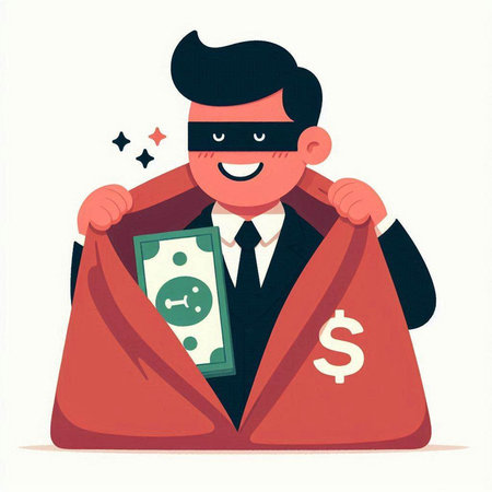 Cartoon thief in a mask with a bag of money. Vector illustration.のイラスト素材