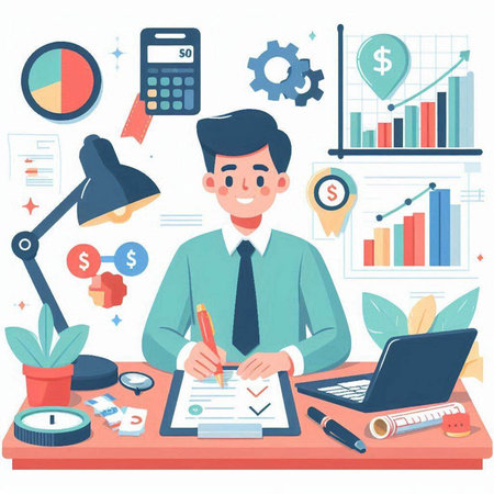 Businessman working at office desk. Vector illustration in cartoon style.のイラスト素材