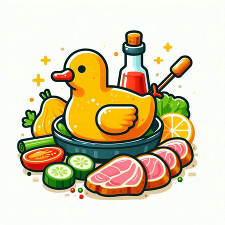 Illustration of a duck in a frying pan with vegetables and sauceのイラスト素材