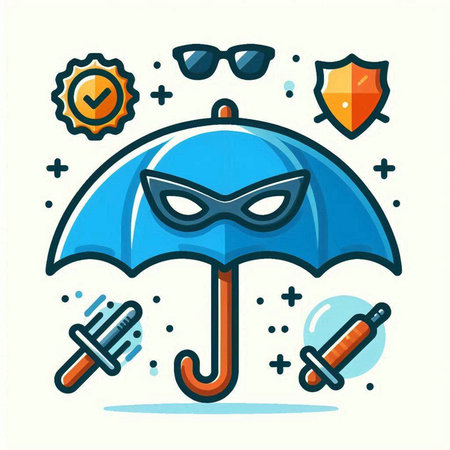Vector illustration in trendy linear style with blue umbrella, sunglasses, sword and mask.のイラスト素材