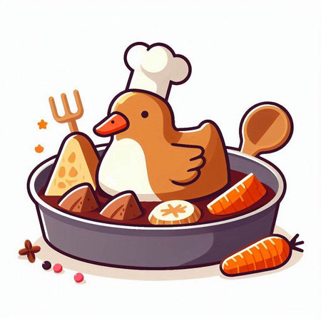 Illustration of a chicken in a frying pan with carrots and spicesのイラスト素材
