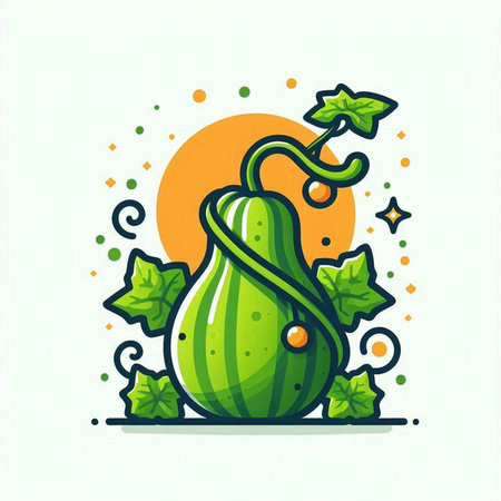 Vector illustration of a watermelon with leaves and stars in the background.のイラスト素材