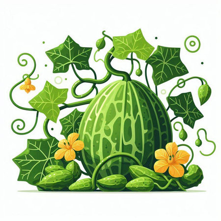 Watermelon with green leaves and flowers isolated on white background. Vector illustration.のイラスト素材