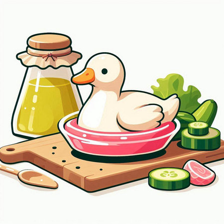 Illustration of a duckling in a bowl and a bottle of vegetable oilのイラスト素材