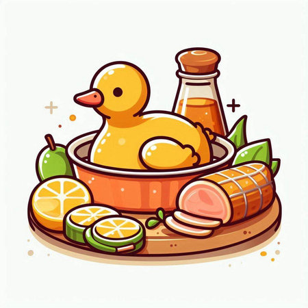 Vector illustration of a cute yellow duck in a bowl with food.のイラスト素材